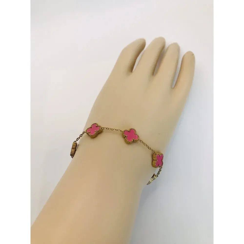 Stainless Steel Clover Bracelet for Women Lucky Pink Four leaf Bracelet sz 8